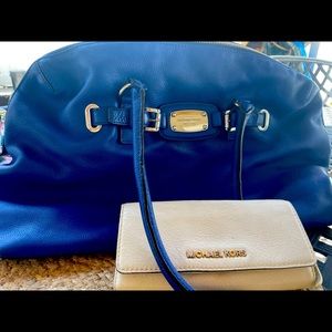 Michael Kors bright blue oversized satchel & cream large envelope wallet bundle